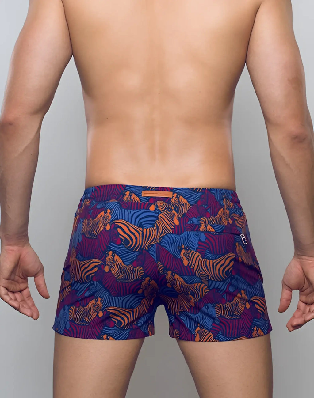 Vibrant purple and blue 2eros printed bronte shorts with bold tiger print pattern in stallion navy color