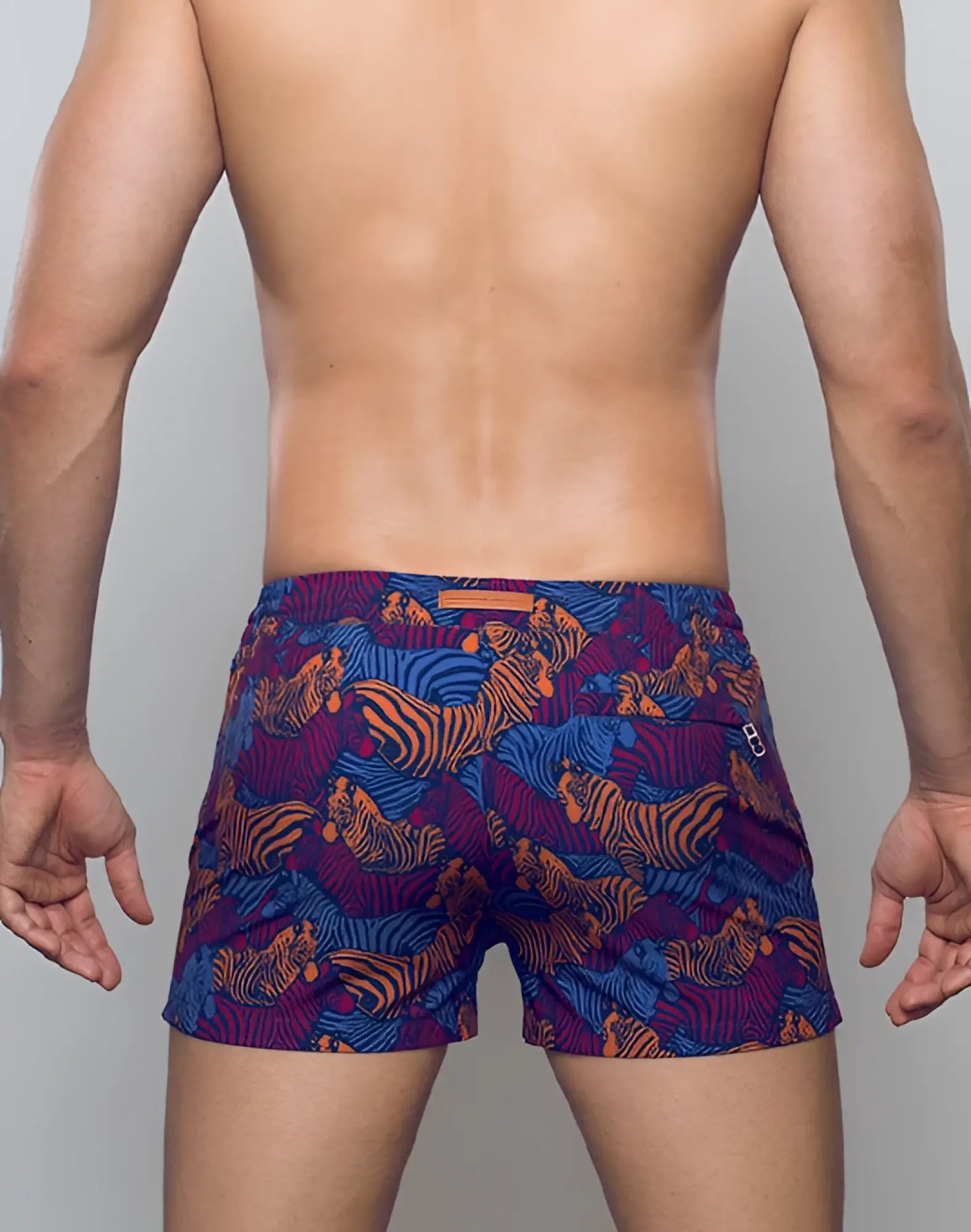 Vibrant purple and blue 2eros printed bronte shorts with bold tiger print pattern in stallion navy color