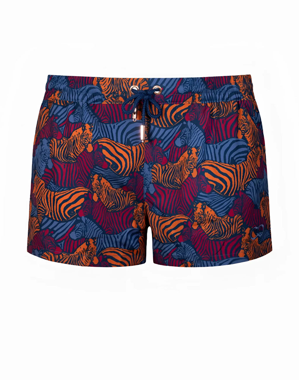 2EROS printed Bronte shorts in stallion navy with vibrant orange and blue striped zebras on deep purple swim shorts