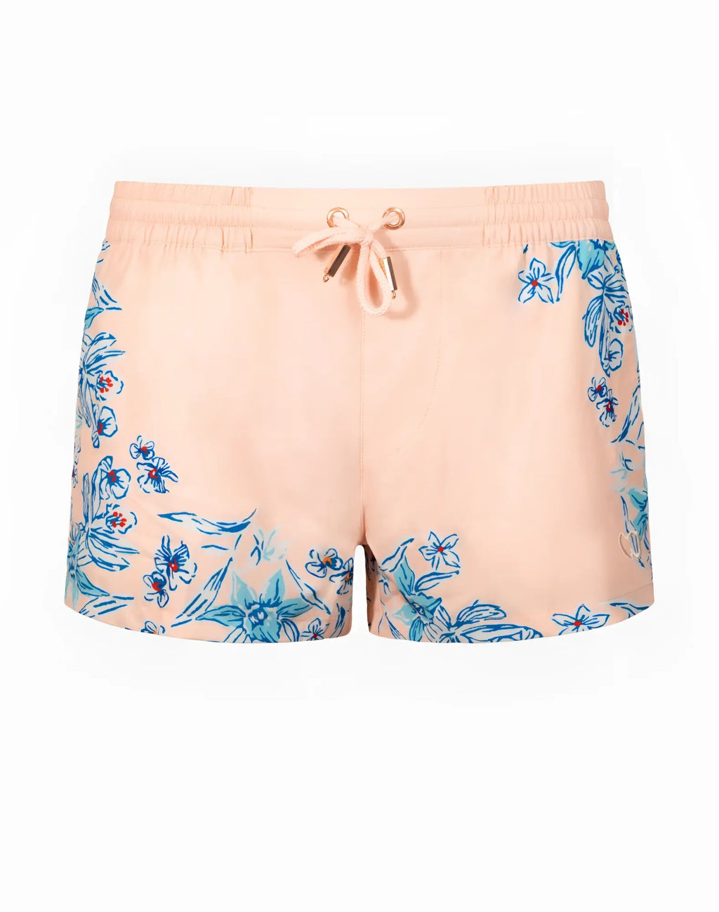 Pastel peach 2EROS printed Bronte swim shorts with blue floral pattern and matching drawstring waistband