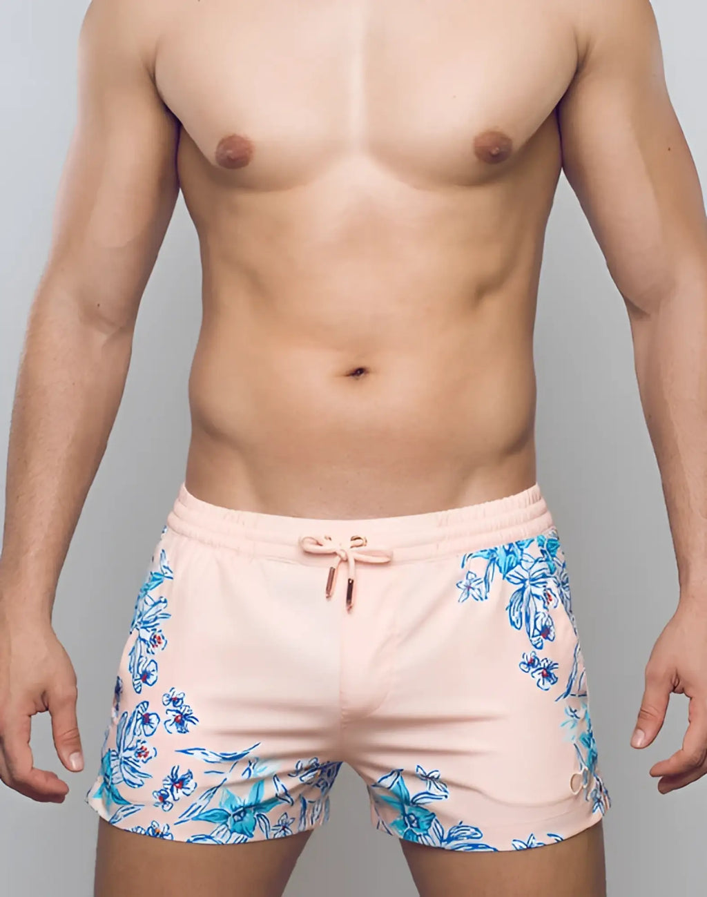 2EROS printed Bronte shorts in tahiti peach pink swim trunks with blue floral patterns and matching drawstring waistband