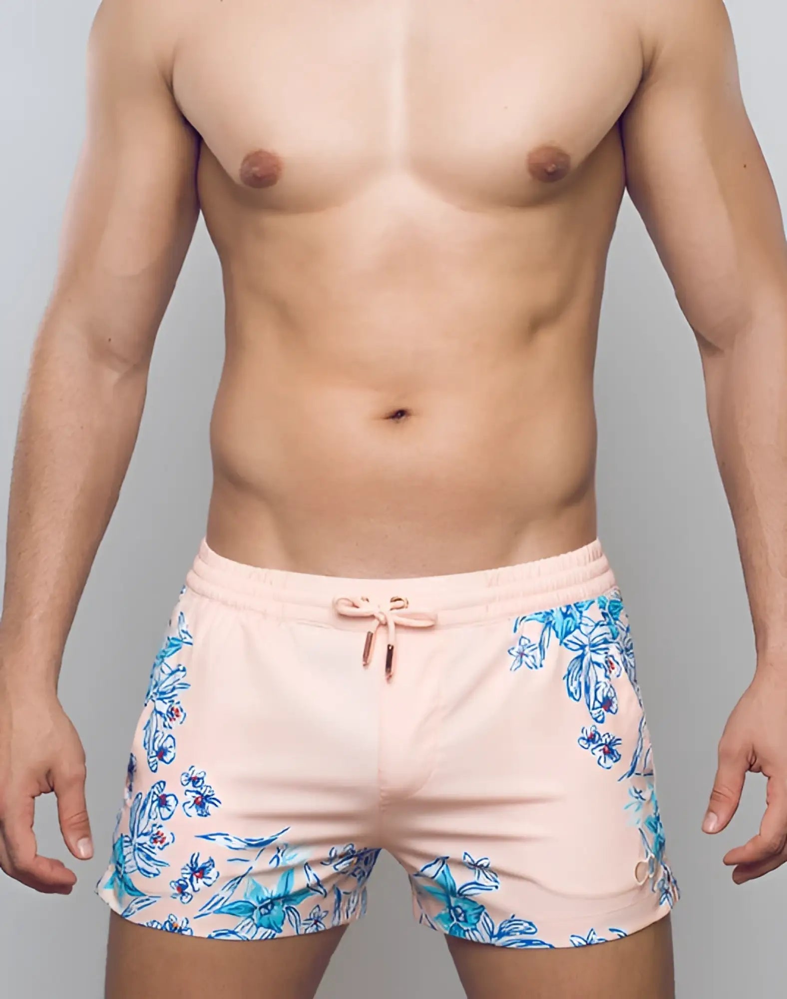 2EROS printed Bronte shorts in tahiti peach pink swim trunks with blue floral patterns and matching drawstring waistband
