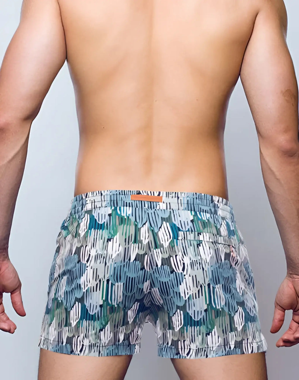 Blue and white patterned 2EROS printed Bronte swim shorts with subtle textured design for beachwear