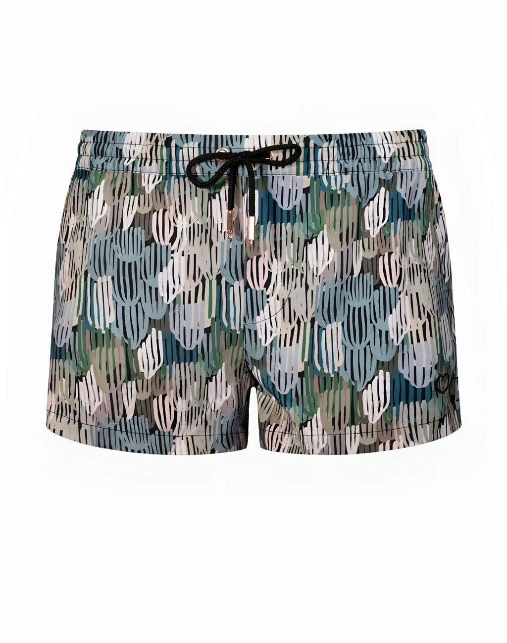 2EROS printed Bronte shorts in vibrant teal green and white abstract pattern with black drawstrings at the waist