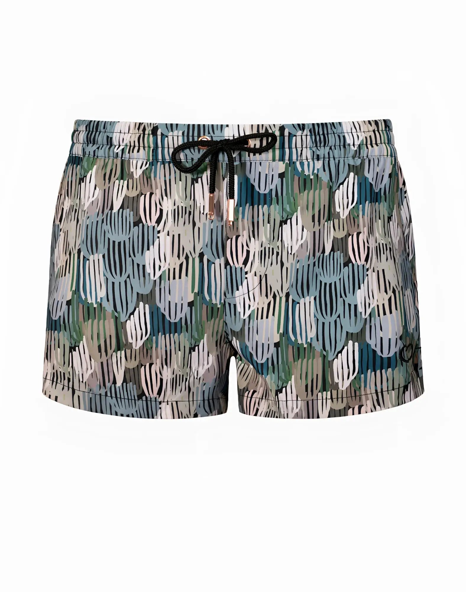2EROS printed Bronte shorts in vibrant teal green and white abstract pattern with black drawstrings at the waist