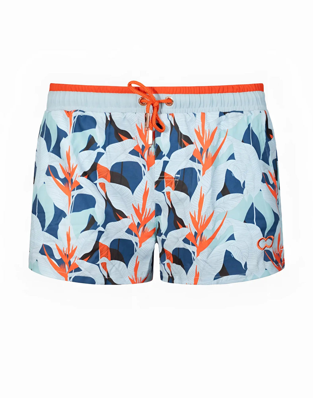 Bright orange and navy blue tropical leaf pattern 2EROS printed Byron shorts with matching drawstring waistband