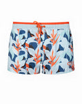 Bright orange and navy blue tropical leaf pattern 2EROS printed Byron shorts with matching drawstring waistband