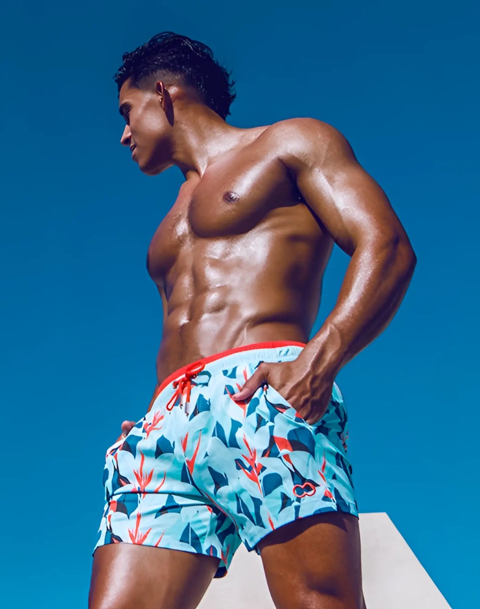 Men’s 2EROS printed Byron shorts tropical light blue swim trunks with teal red floral patterns and bright orange drawstring