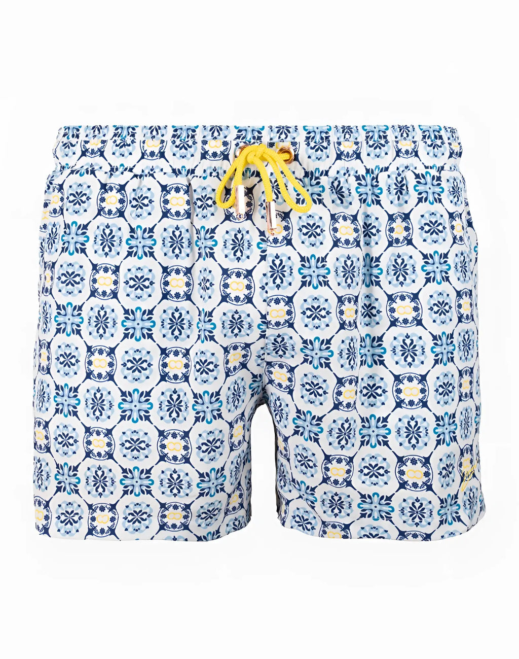 2eros printed byron shorts mykonos blue and white patterned swim trunks with yellow drawstring for beachwear