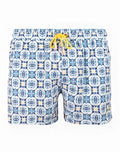 2eros printed byron shorts mykonos blue and white patterned swim trunks with yellow drawstring for beachwear