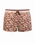Beige 2EROS printed Byron swim shorts with maroon palm leaf pattern and matching drawstring waistband for beachwear