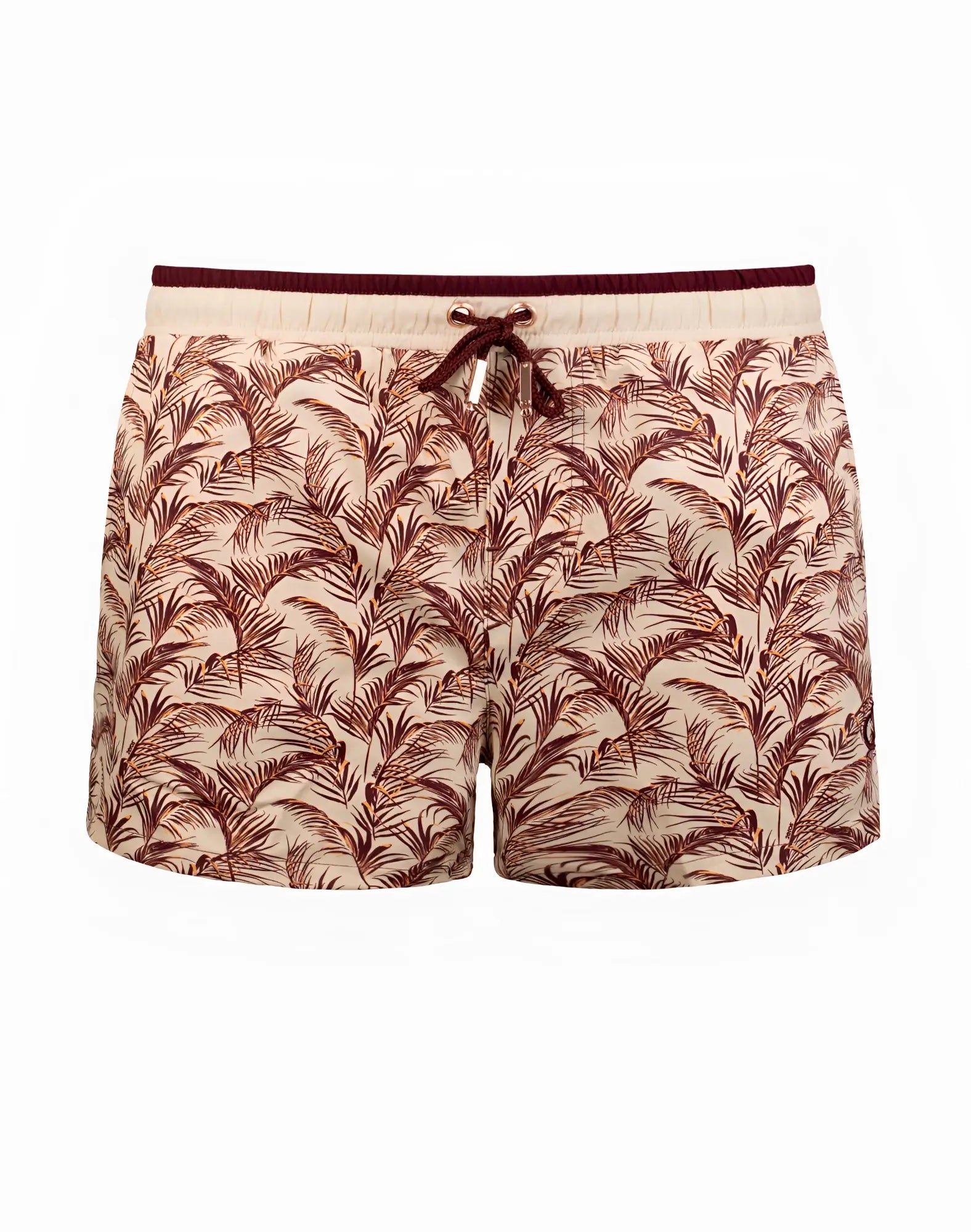Beige 2EROS printed Byron swim shorts with maroon palm leaf pattern and matching drawstring waistband for beachwear