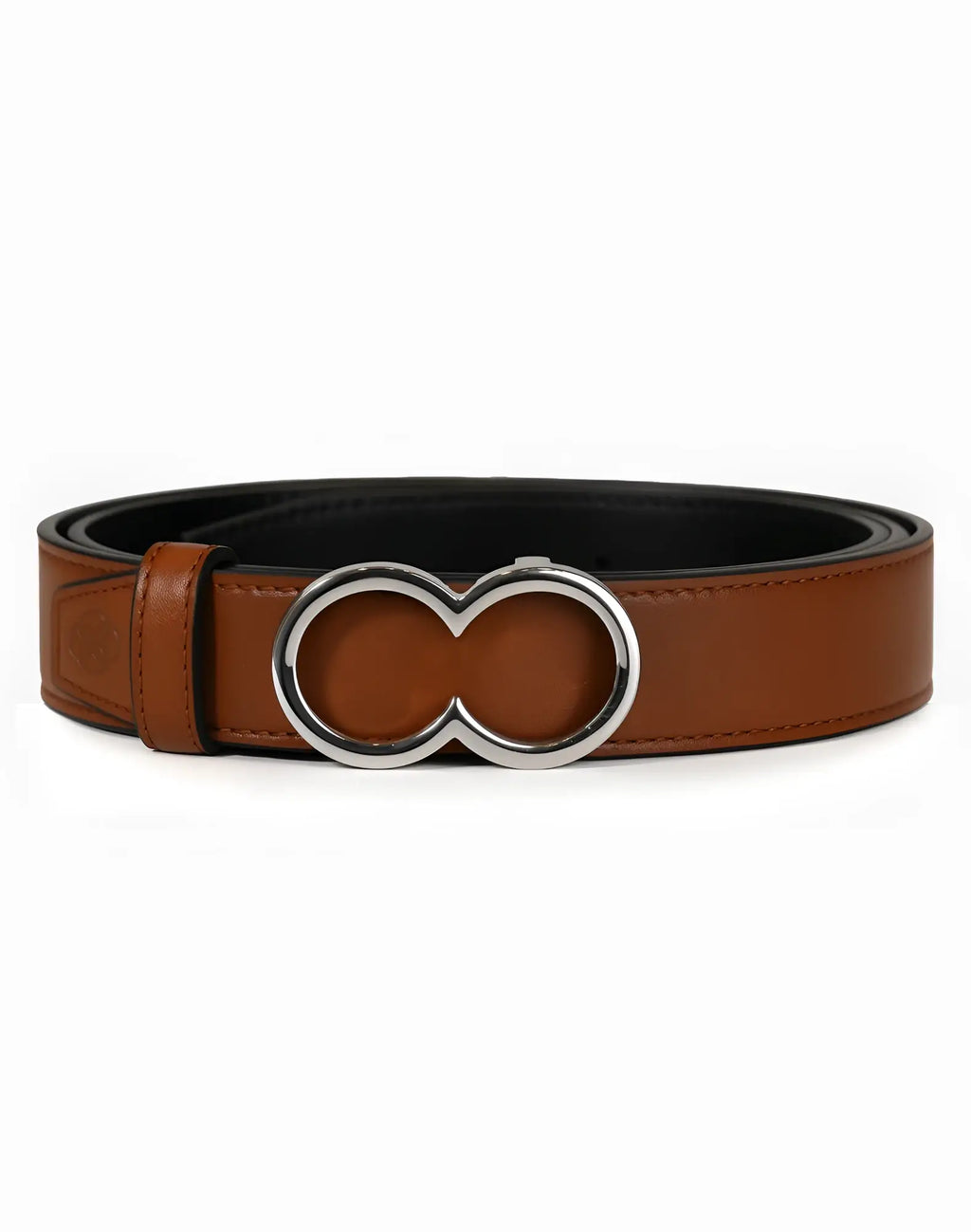 2eros reversible belt in brown leather with a sleek silver infinity shaped buckle and black reversible side