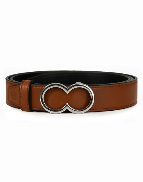 2eros reversible belt in brown leather with a sleek silver infinity shaped buckle and black reversible side