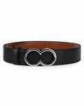 Black leather 2EROS reversible belt with sleek silver-toned infinity symbol buckle in black and brown