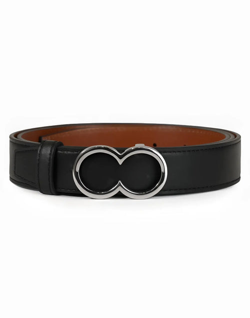 Black leather 2EROS reversible belt with sleek silver-toned infinity symbol buckle in black and brown