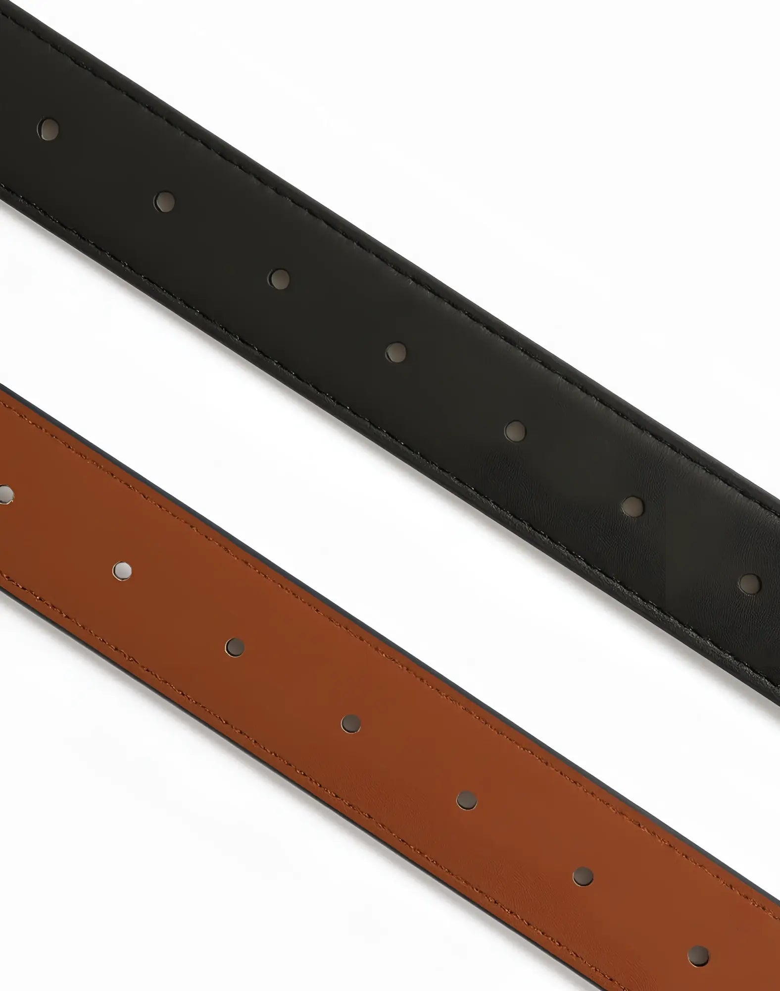 2eros reversible belt black brown with black and tan leather, precise stitching, and evenly spaced metal eyelets