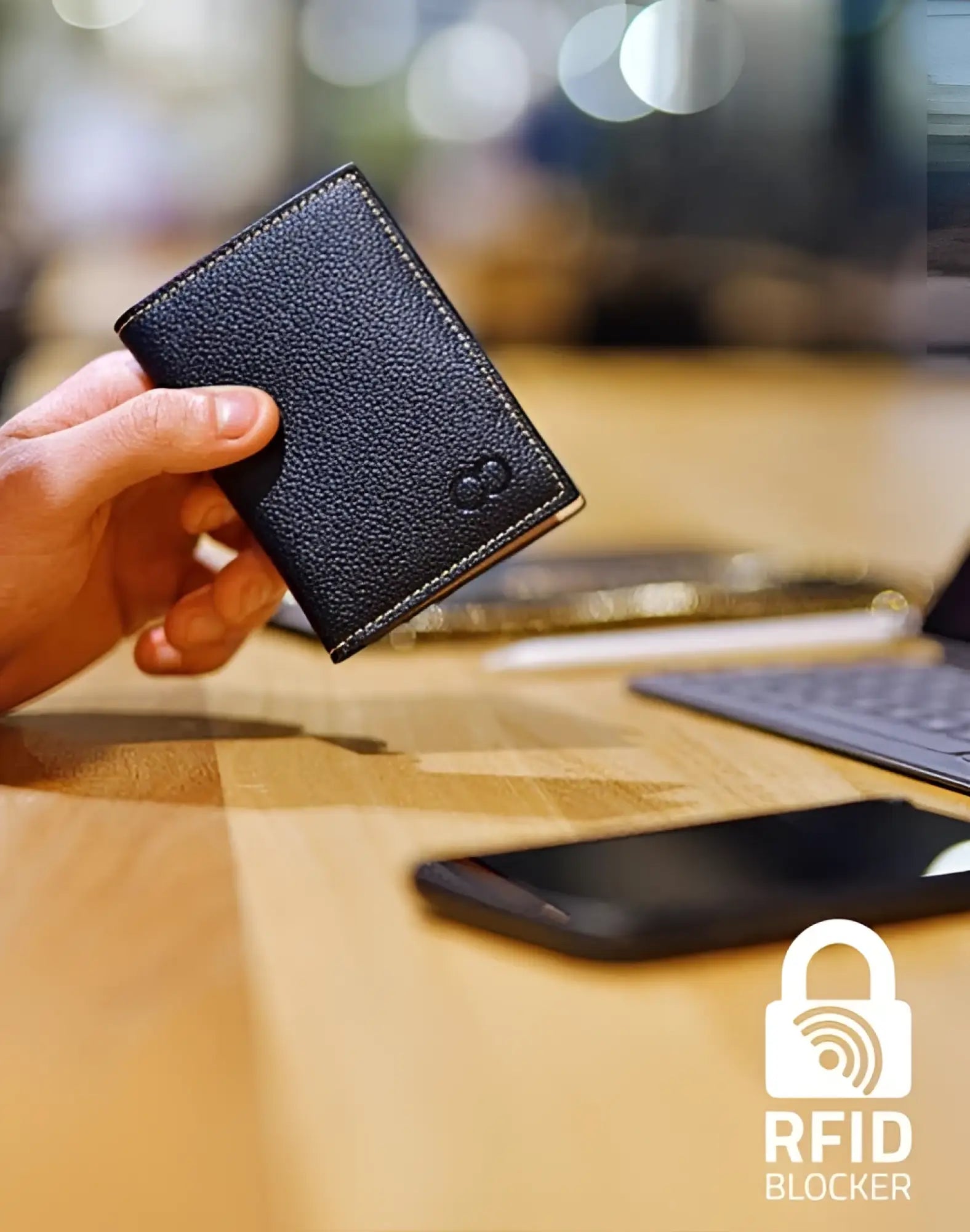 Black leather 2eros rfid icon card holder wallet with textured surface and subtle stitching for rfid blocking
