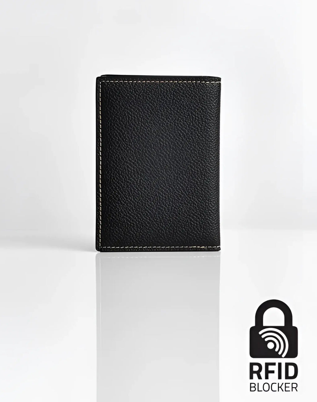 Black textured leather rfid blocker wallet with white stitching 2EROS rfid icon card holder front view