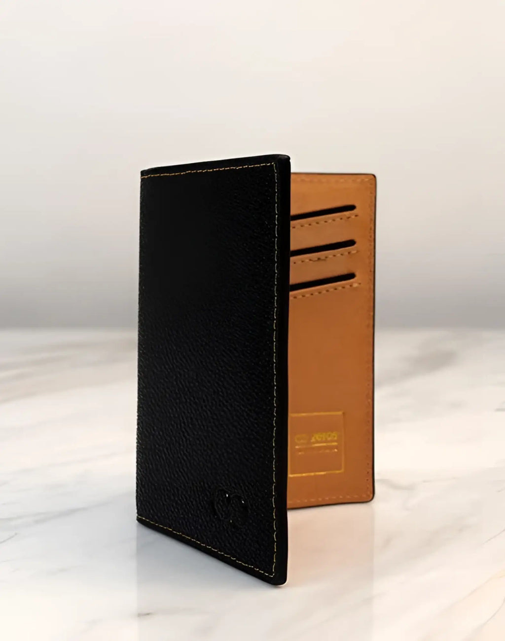 Black textured leather 2EROS RFID icon card holder with tan interior and white stitching for secure card storage