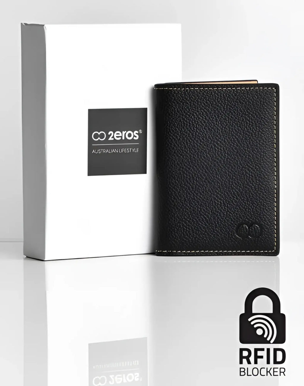 Black textured leather 2EROS RFID Icon card holder with white stitching and subtle front logo for secure card storage
