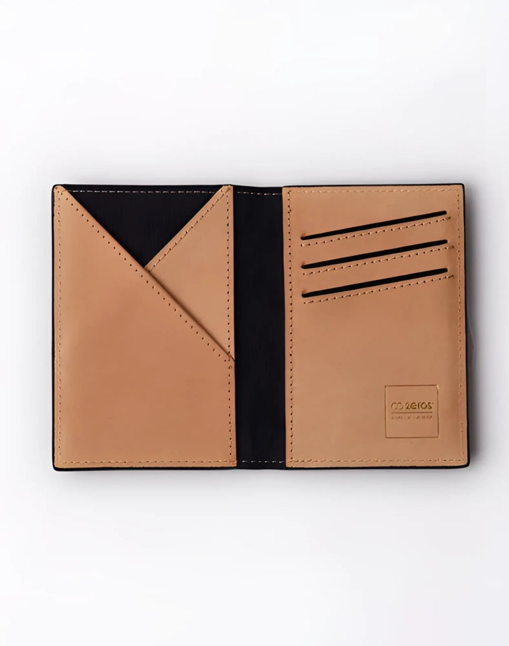 Tan leather 2EROS RFID icon card holder with black interior and stitched card slots for secure storage