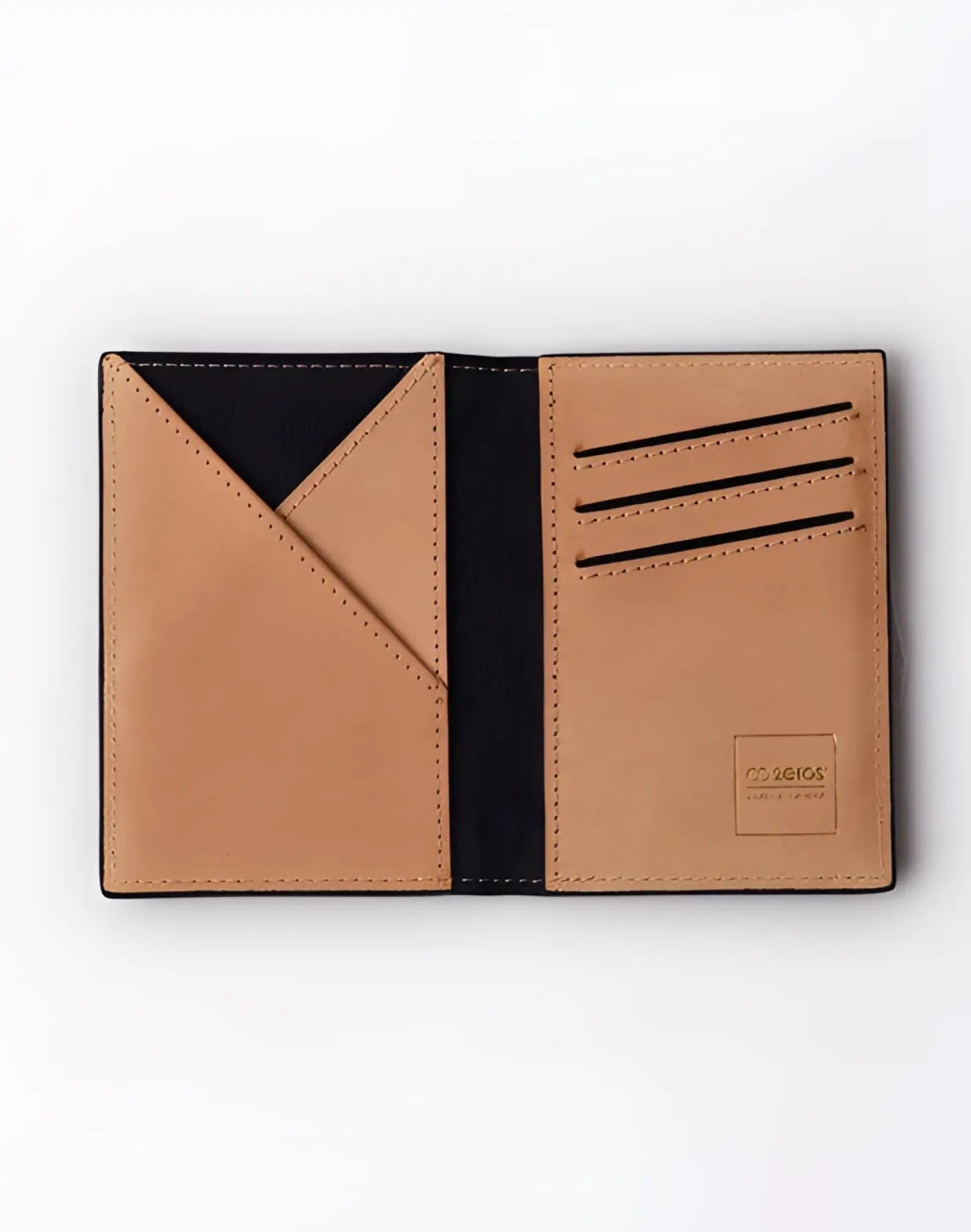 Tan leather 2EROS RFID icon card holder with black interior and stitched card slots for secure storage