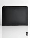 Black textured leather 2EROS RFID Icon Carry All clutch with gold-tone zipper and subtle embossed logo