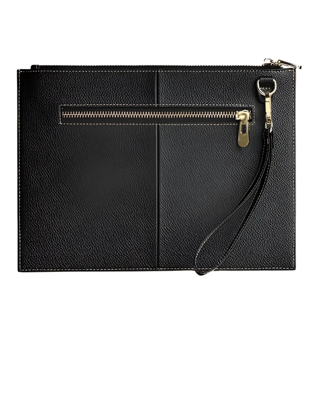 Black textured leather 2EROS RFID icon carry all clutch with gold-tone zipper and wrist strap