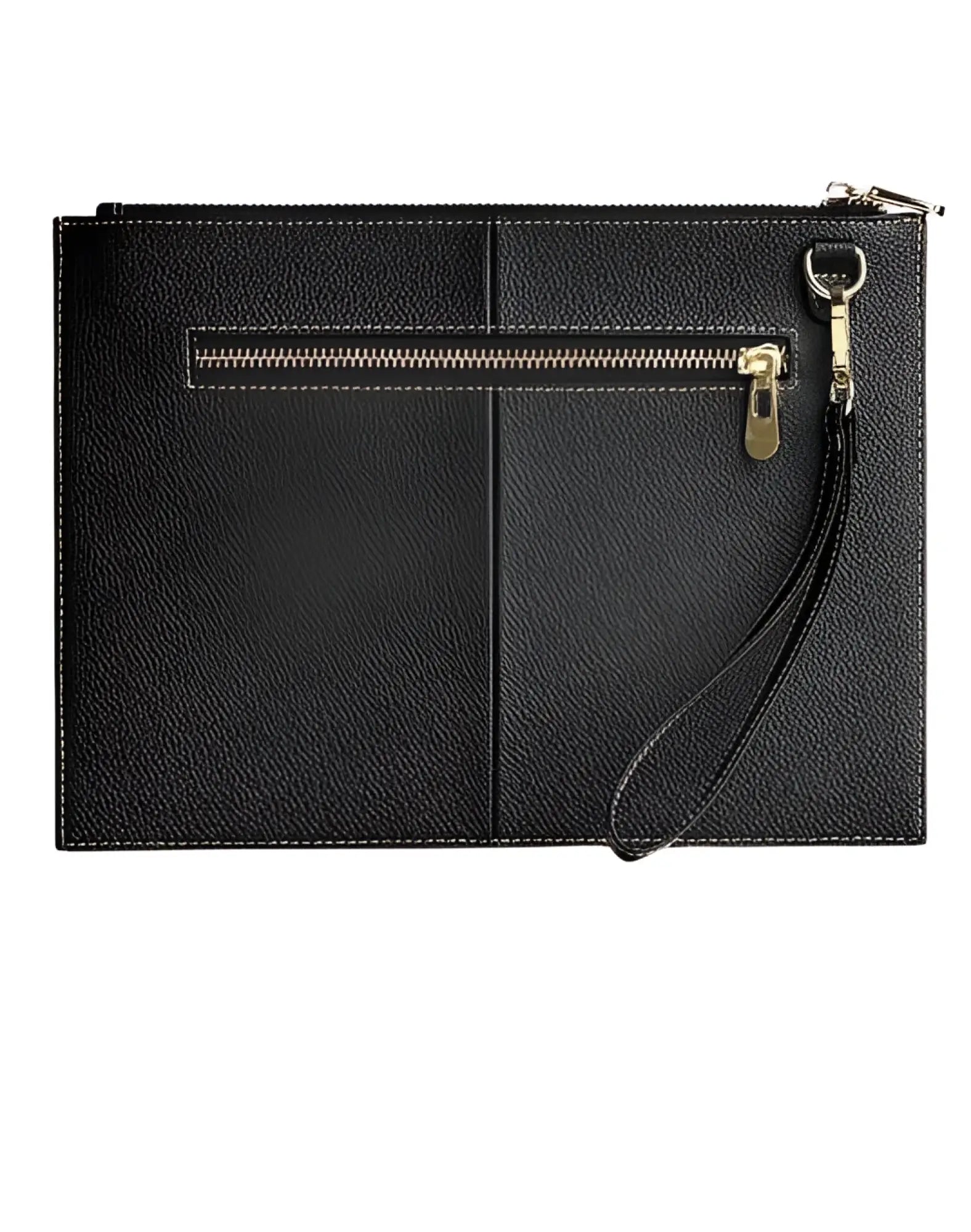 Black textured leather 2EROS RFID icon carry all clutch with gold-tone zipper and wrist strap