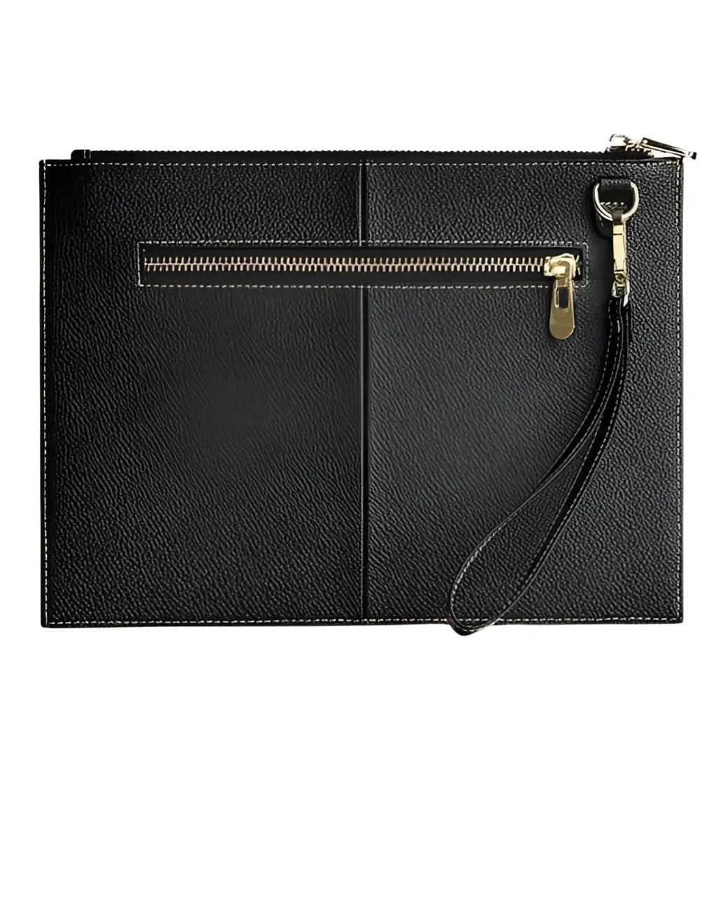 Black textured leather 2EROS RFID icon carry all clutch with gold-tone zipper and wrist strap