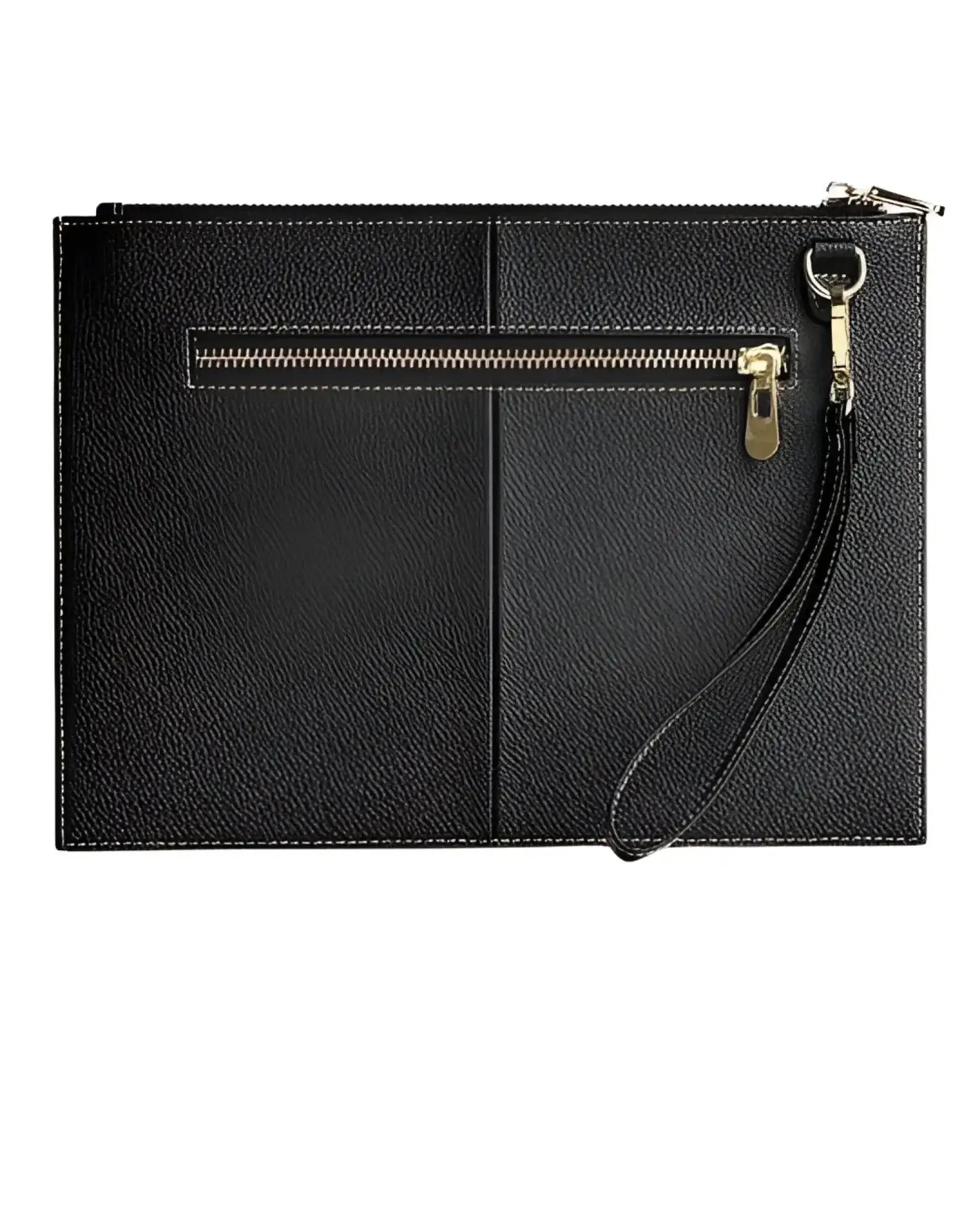 Black textured leather 2EROS RFID icon carry all clutch with gold-tone zipper and wrist strap