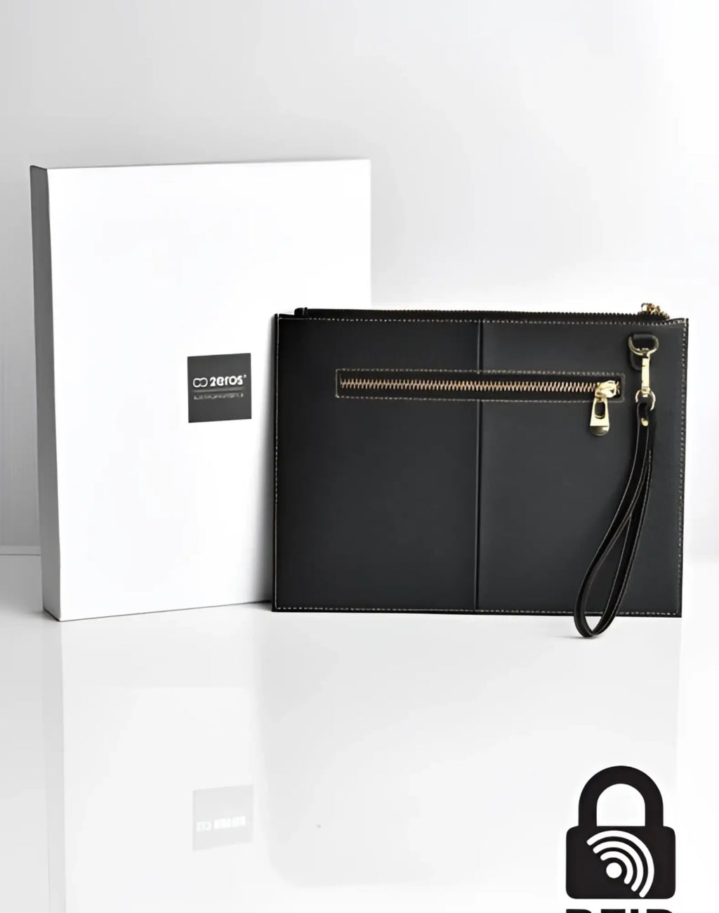 Black textured leather 2EROS rfid icon carry all clutch with gold-tone zipper and wrist strap