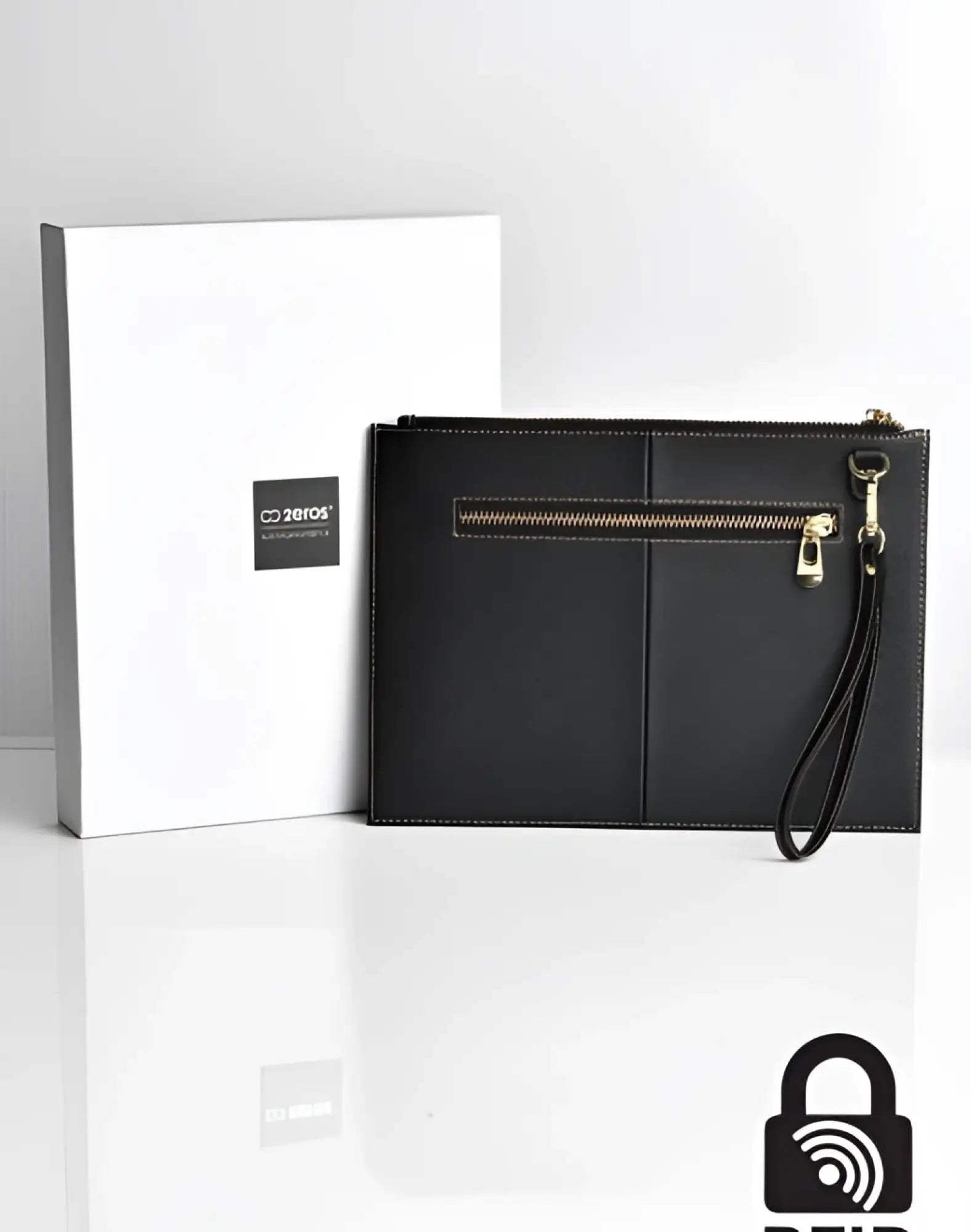Black textured leather 2EROS rfid icon carry all clutch with gold-tone zipper and wrist strap