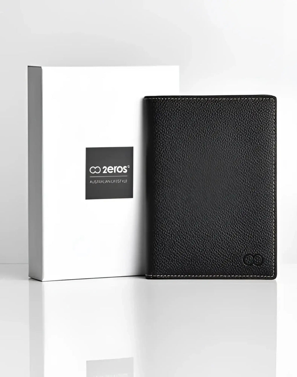 Black textured leather 2EROS RFID icon passport wallet with subtle stitching and small embossed logo in the corner