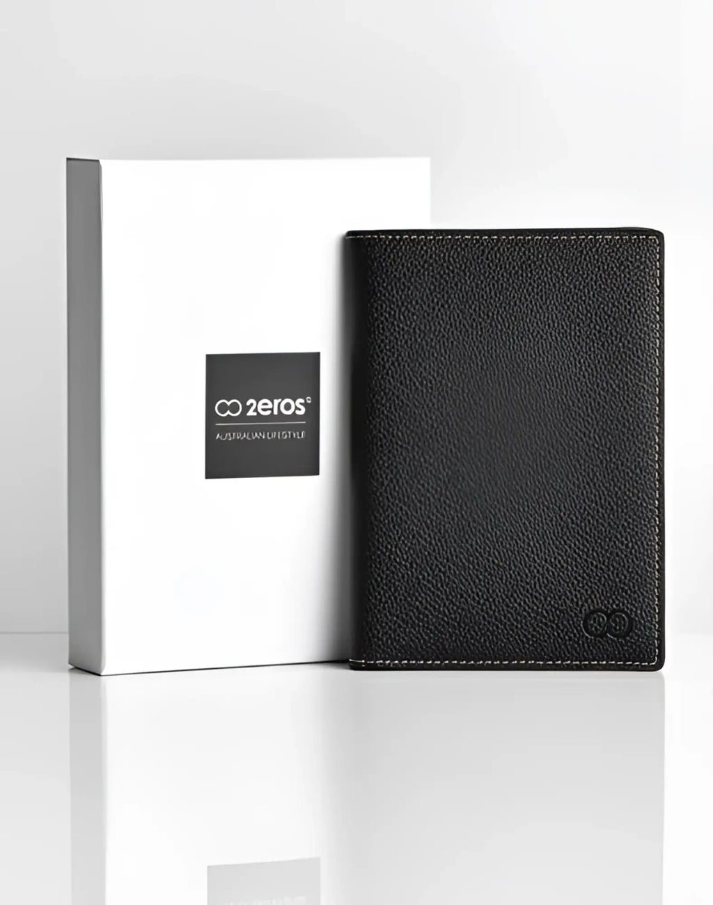Black textured leather 2EROS RFID icon passport wallet with subtle stitching and small embossed logo in the corner