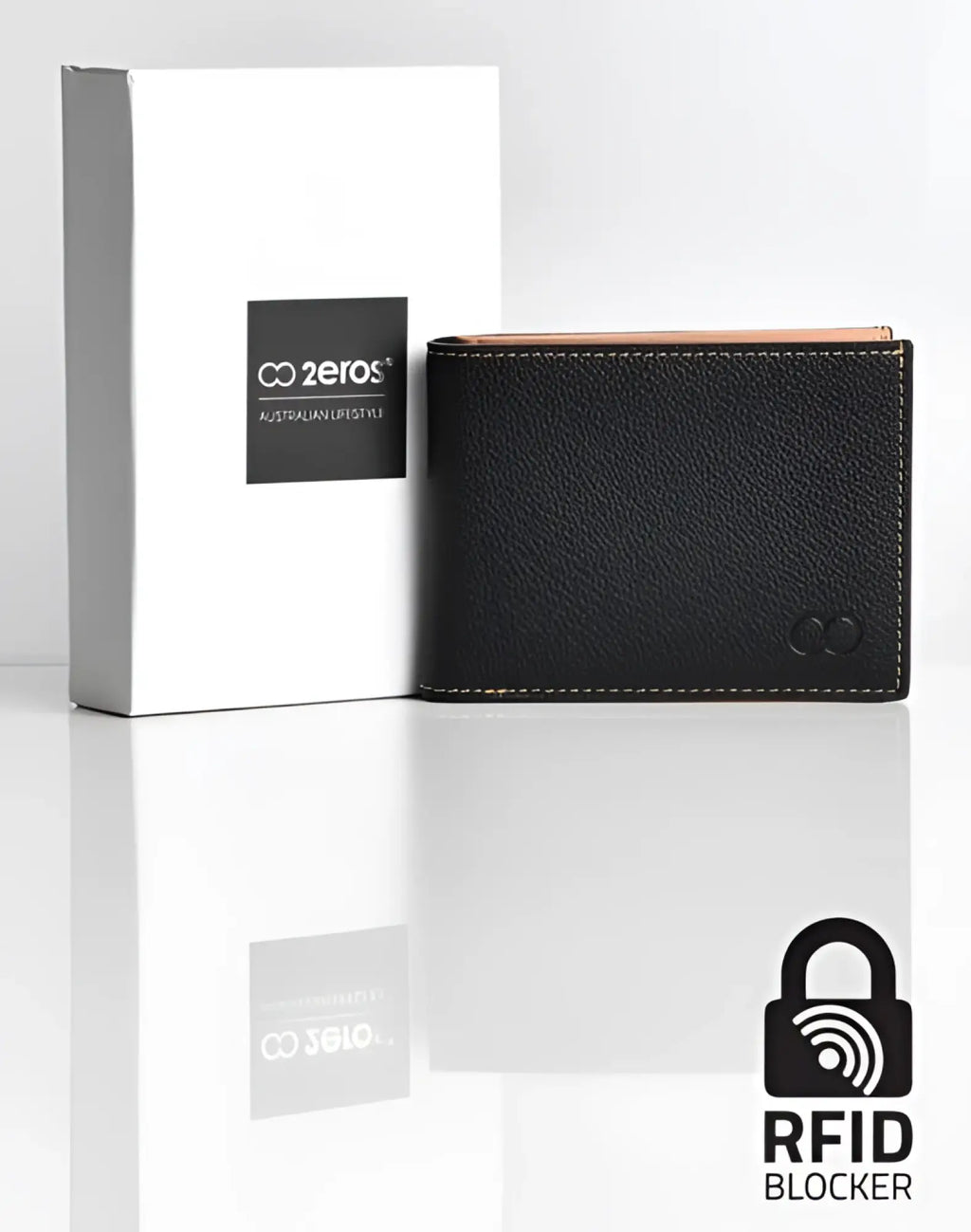 Black leather 2EROS RFID icon wallet with tan interior subtle stitching and minimalist logo on the front