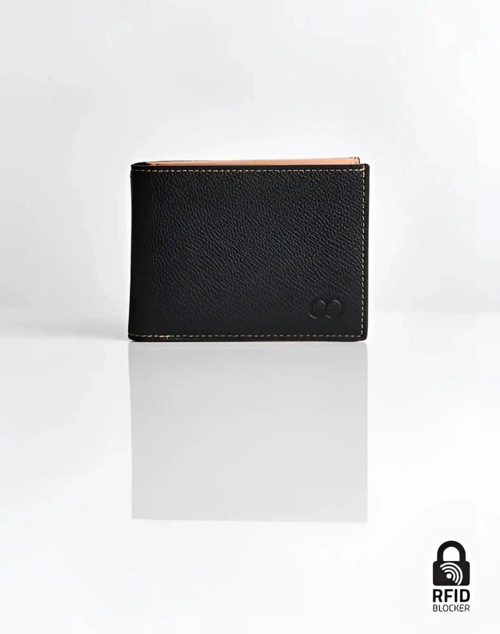 Black textured leather 2EROS RFID Icon wallet with tan interior and subtle stitching for secure card protection