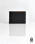 Black textured leather 2EROS RFID Icon wallet with tan interior and subtle stitching for secure card protection