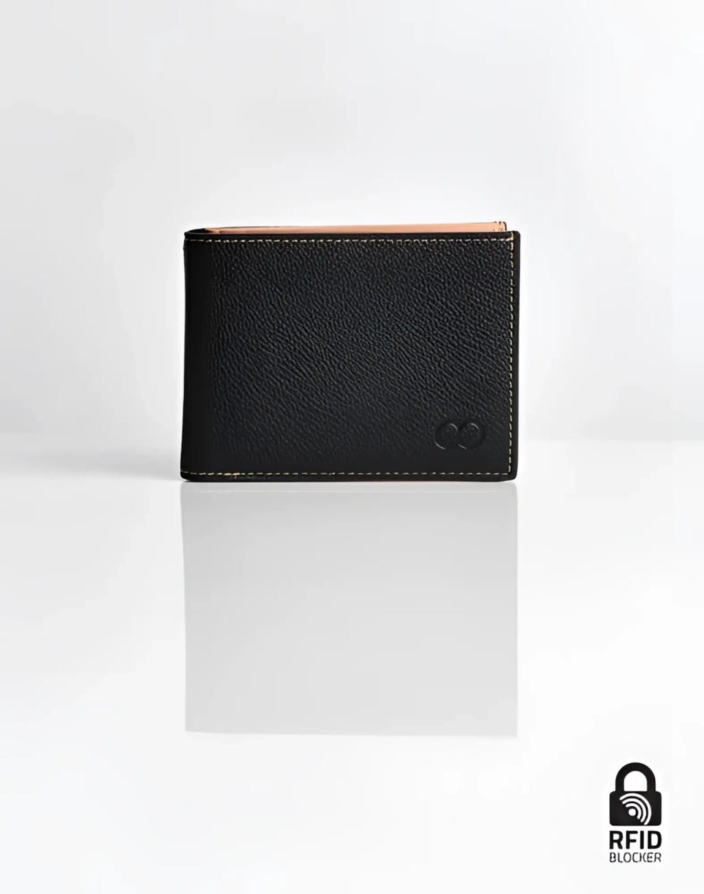 Black textured leather 2EROS RFID Icon wallet with tan interior and subtle stitching for secure card protection