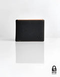 Black textured leather 2EROS RFID Icon wallet with tan interior and subtle stitching for secure card protection