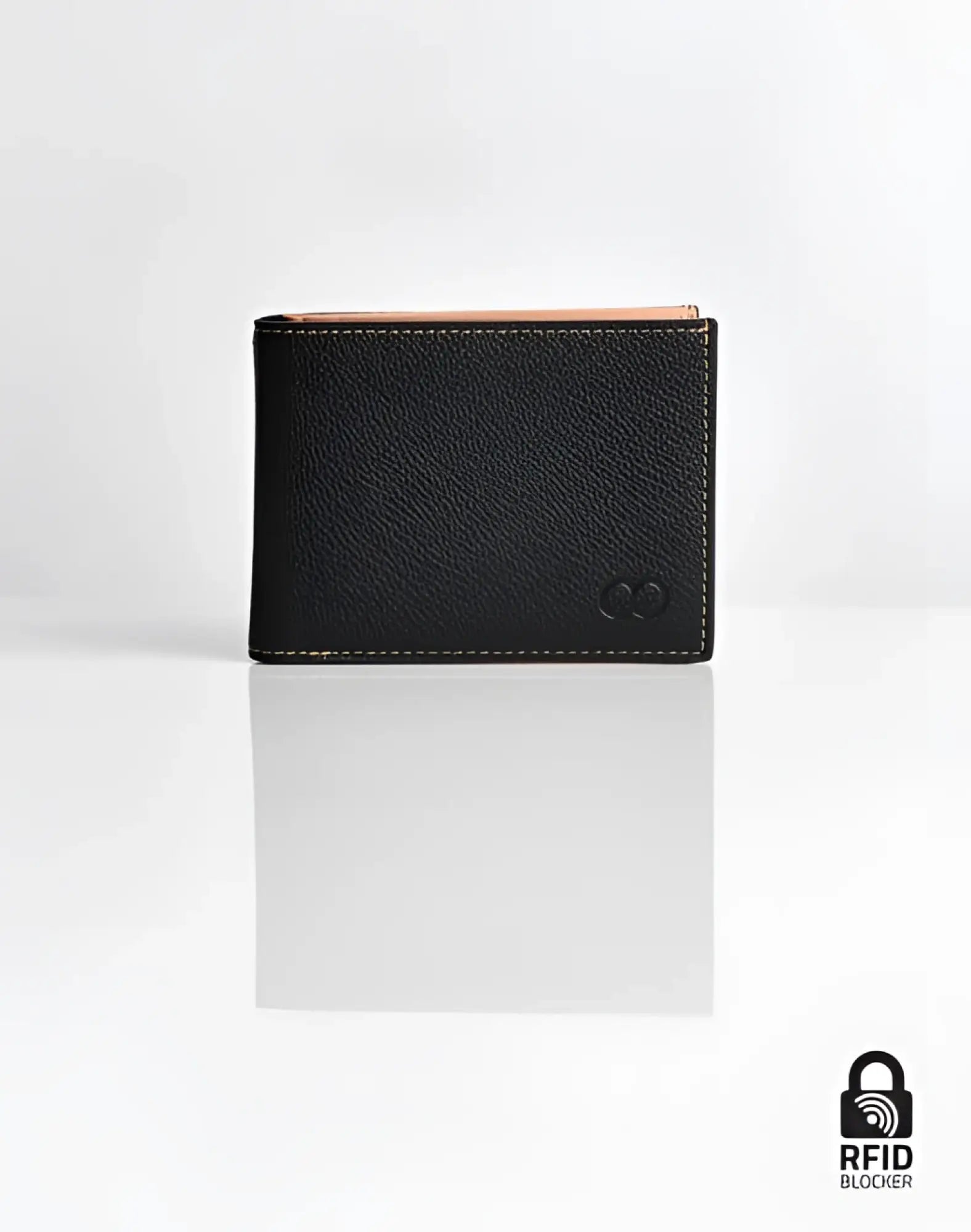 Black textured leather 2EROS RFID Icon wallet with tan interior and subtle stitching for secure card protection