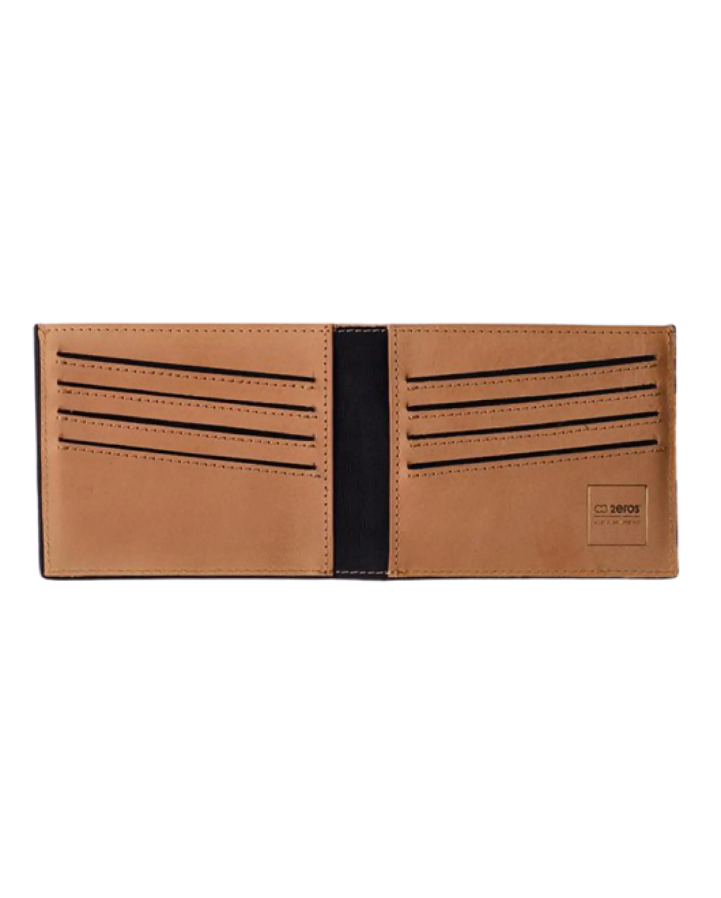 Black textured leather 2EROS rfid icon wallet with tan interior and subtle stitching for secure card protection