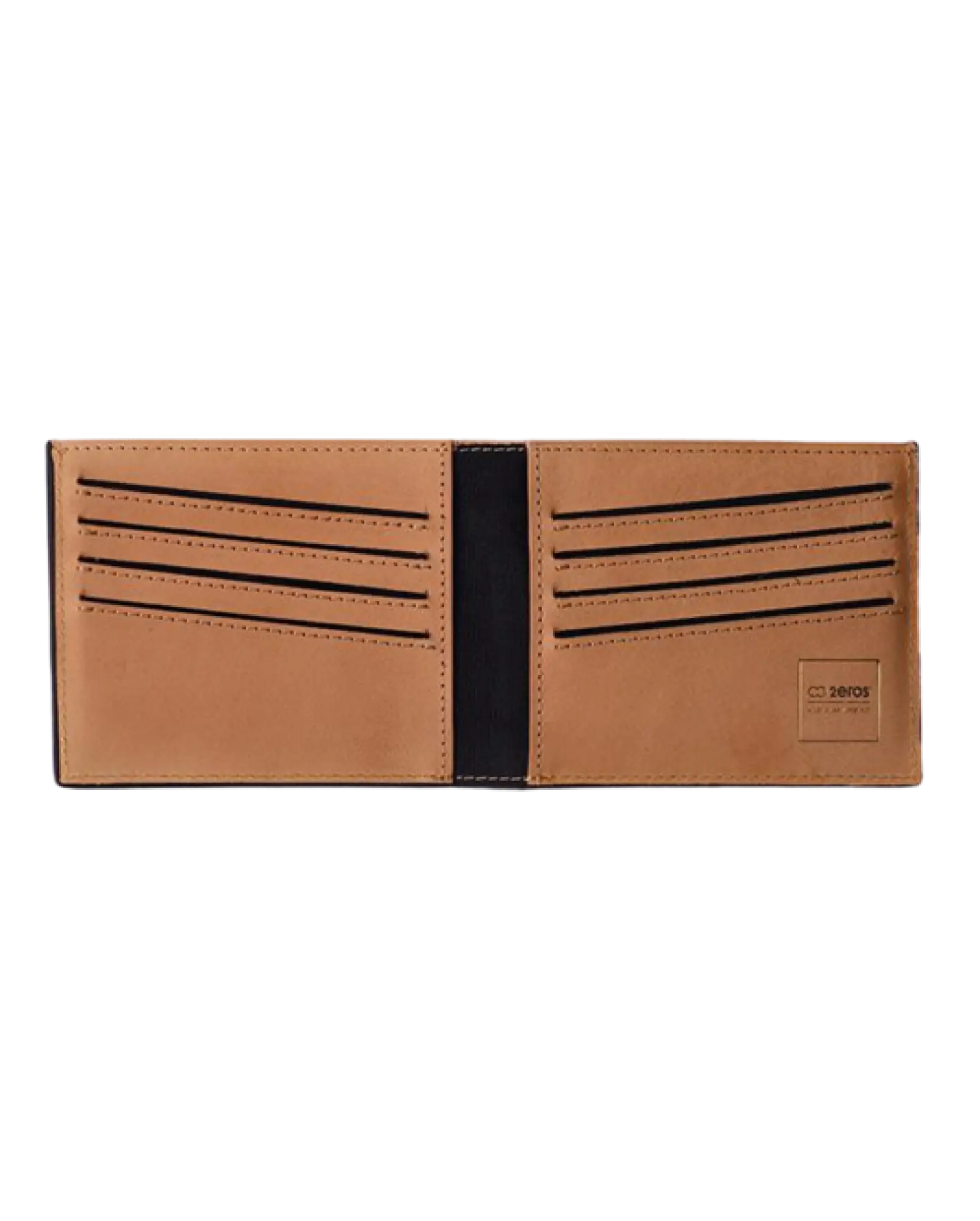 Black textured leather 2EROS rfid icon wallet with tan interior and subtle stitching for secure card protection