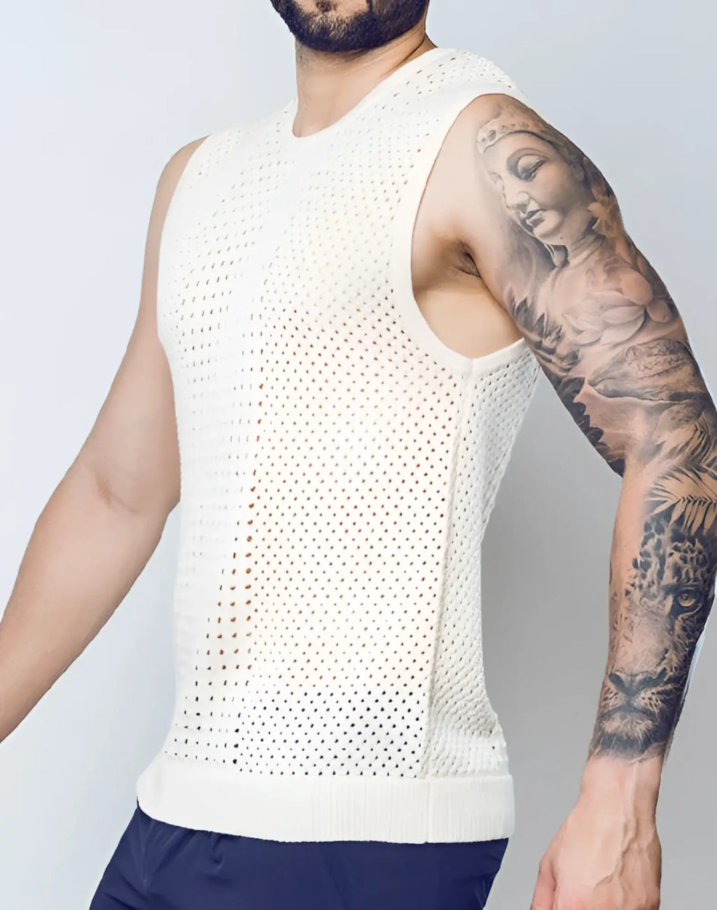 White perforated knit sleeveless top 2EROS Riviera singlet beige showing front side details