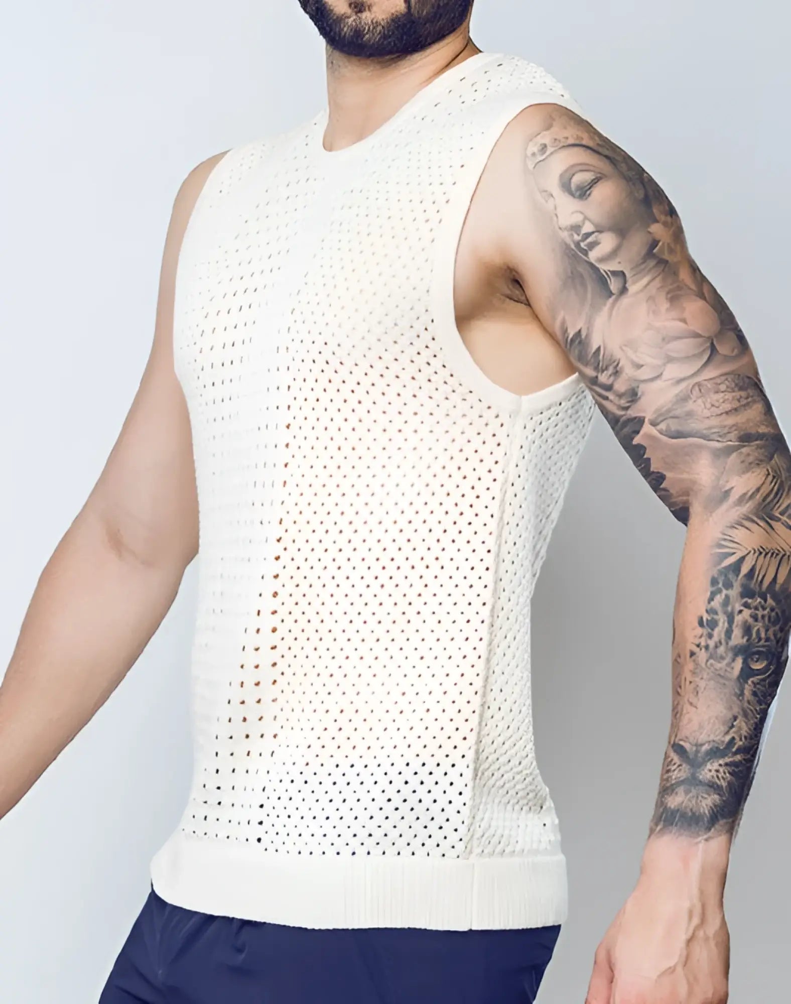 White perforated knit sleeveless top 2EROS Riviera singlet beige showing front side details