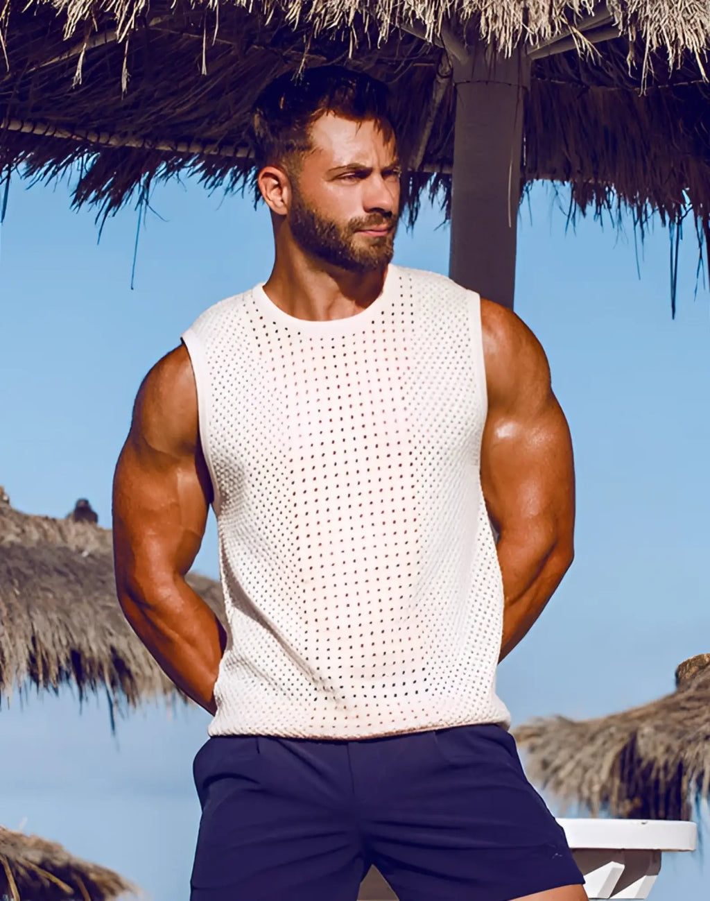 White perforated knit sleeveless top 2EROS Riviera Singlet beige front view showing breathable fabric design