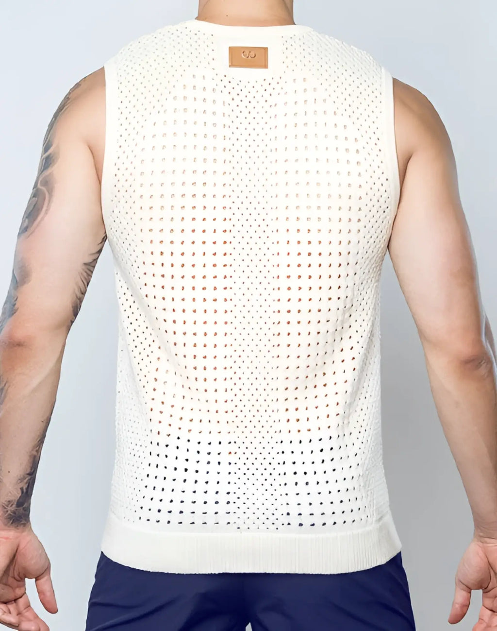 White perforated knit sleeveless top with ribbed hem and leather patch at neckline 2EROS Riviera Singlet beige