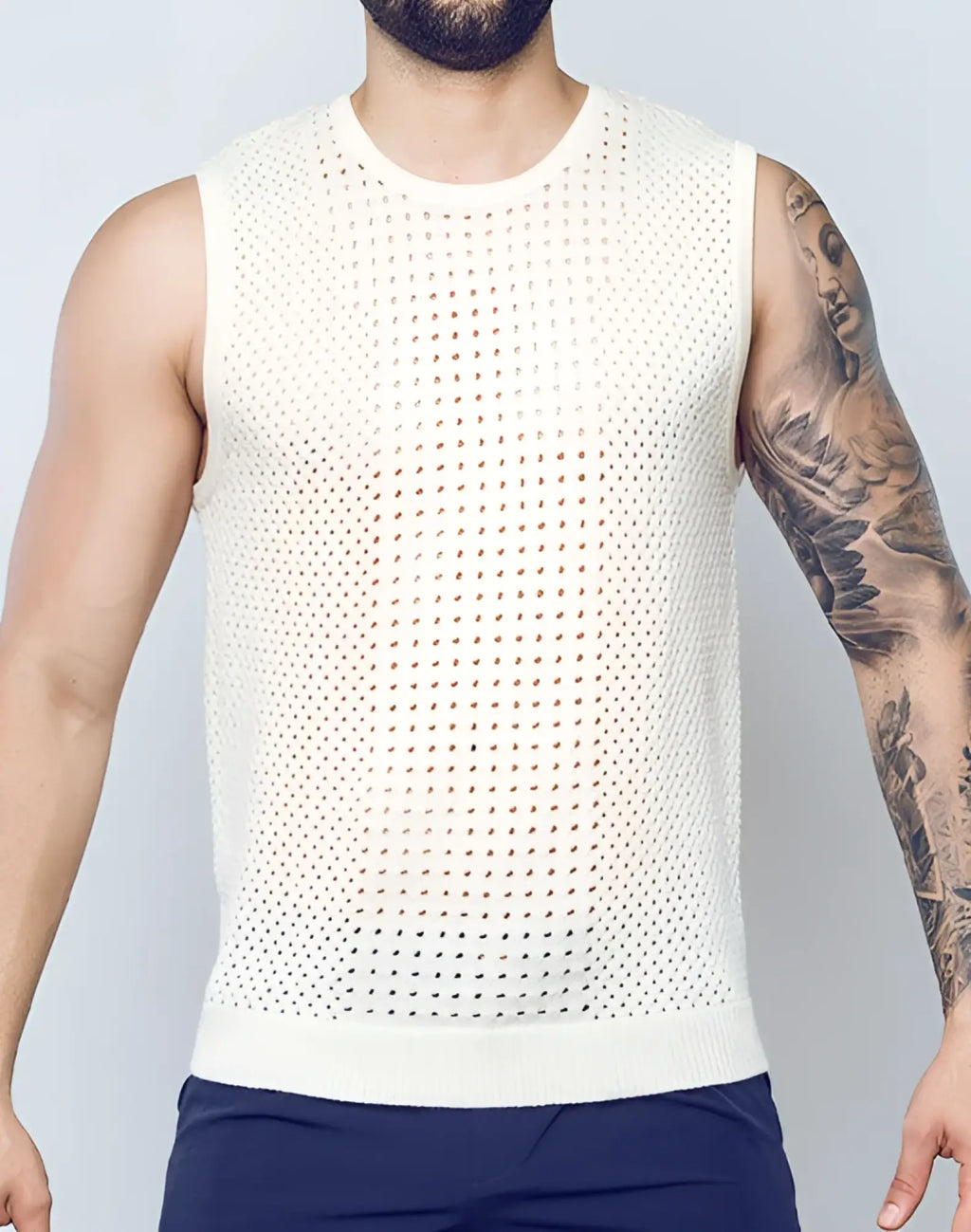 2eros riviera singlet beige white perforated knit sleeveless top with round neckline and ribbed hem