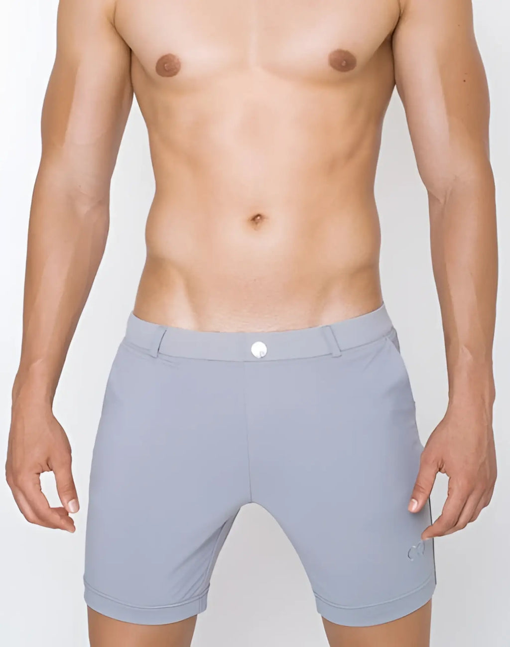 2eros s61 long bondi athletic shorts in light blue with a sleek design and subtle logo on the lower right leg